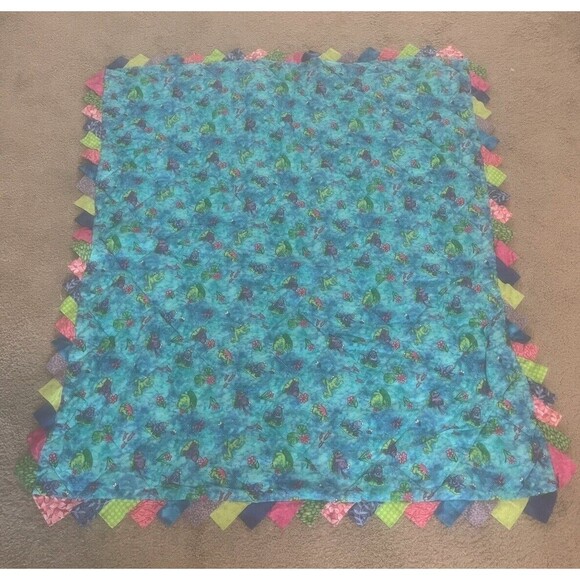 HandMade Child’s Reversible Quilt Bright Colors Frogs & Flowers 40” L X 33” W - Picture 4 of 5